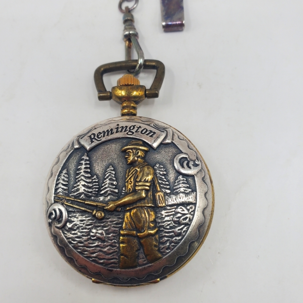 Remington Men's Pocket Watch With Chain Vintage Fisher Men Two Tone Case
